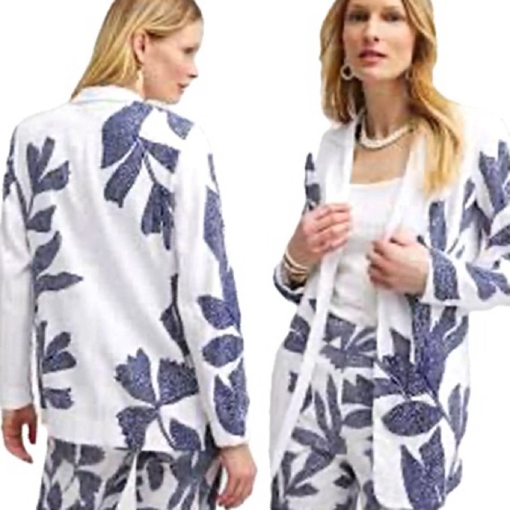 Chico's Leaf Printed Linen Blend Long Blazer Womens Size 2 Large Stretch Jacket